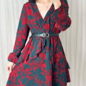 Elegant Red Floral Long Sleeve Dress